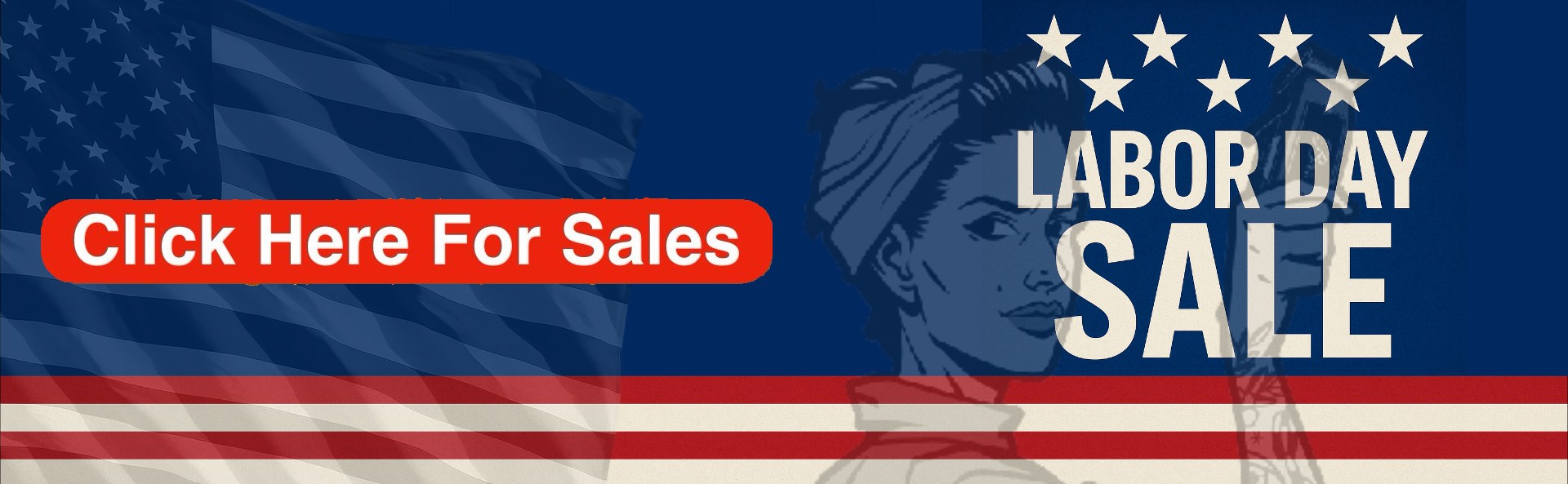 "Labor Day Sale banner with American flag background, barber-inspired design, and red button saying Click Here For Sales."