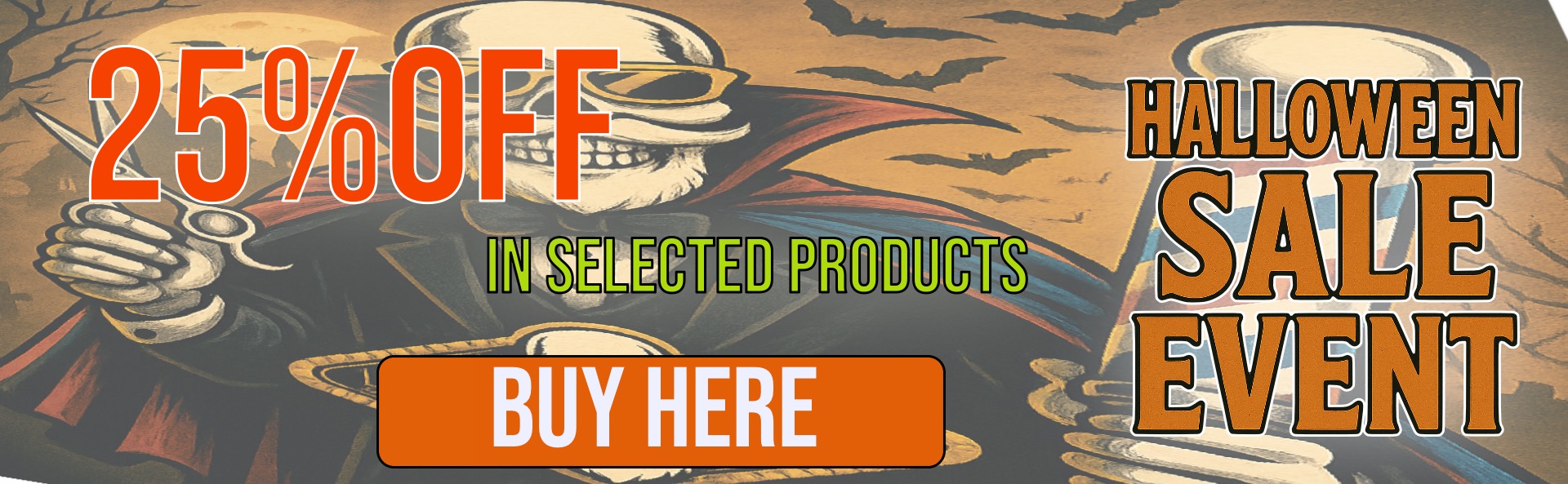 “BuyBarber.com Halloween Sale Event banner—25% OFF selected products—spooky barber with scissors and barber pole; Las Vegas barber supply store.”