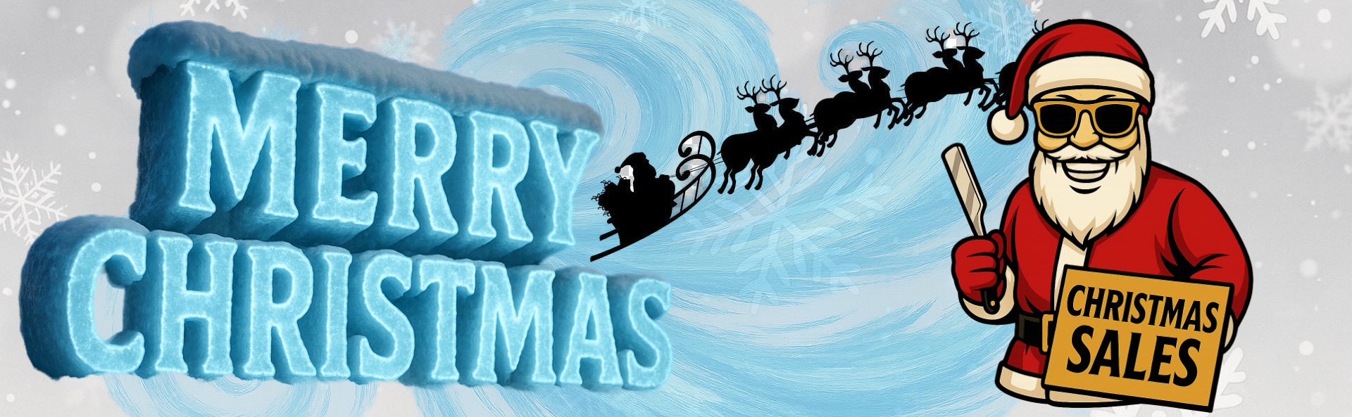 Santa barber character promoting Christmas sales with a straight razor, alongside a blue swirling background and Santa’s sleigh silhouette.