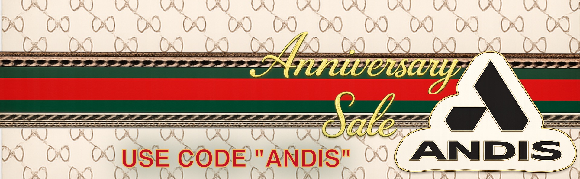 Andis Anniversary Sale banner featuring Andis logo and promotional code “ANDIS” on a luxury barber-themed background.