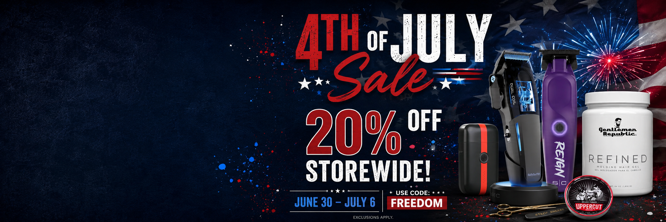 BuyBarber.com 4th of July Sale banner featuring 20% off storewide from June 30 through July 6 with promo code FREEDOM, showcasing professional barber tools, hair products, and grooming supplies.