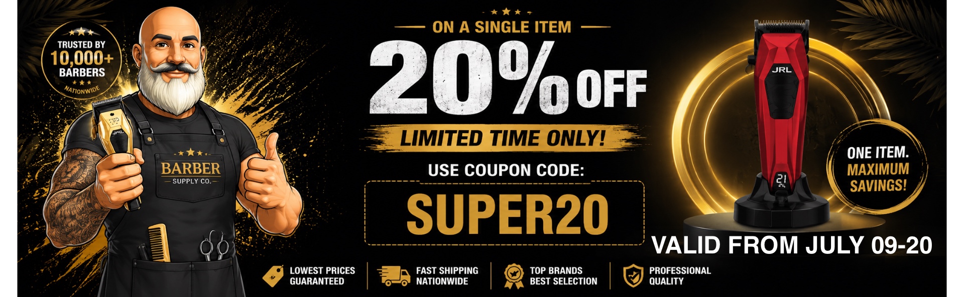 Promotional banner for BuyBarber.com featuring a professional barber mascot holding a gold cordless clipper with a 20% OFF any single item offer using coupon code SUPER20. Includes premium JRL clipper, trusted by 10,000+ barbers nationwide badge, and highlights lowest prices, fast shipping, top brands, and professional-quality barber supplies.