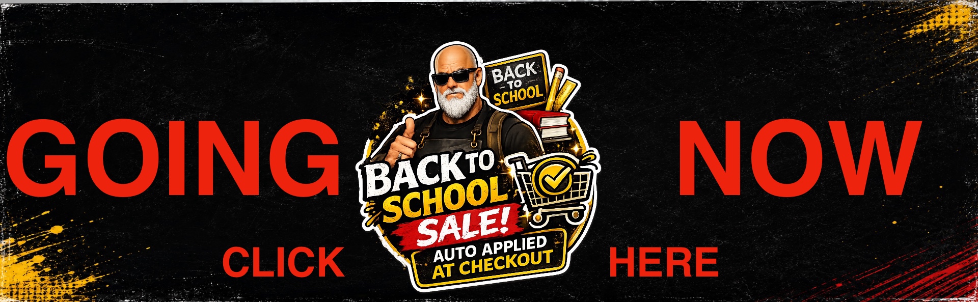Back to School Sale banner featuring The Barber Company's signature barber mascot with books and shopping cart graphic, surrounded by the text "GOING NOW CLICK HERE." The banner promotes a Back to School Sale with discounts automatically applied at checkout and directs customers to shop professional barber supplies at BuyBarber.com.