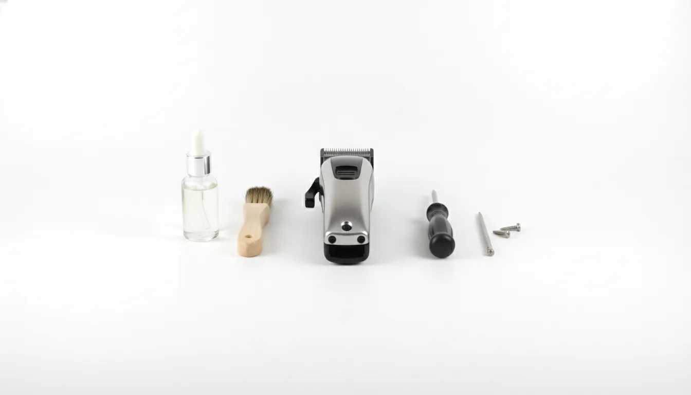 Professional barber clippers on a clean workbench with oil, brush, and screwdriver maintenance tools