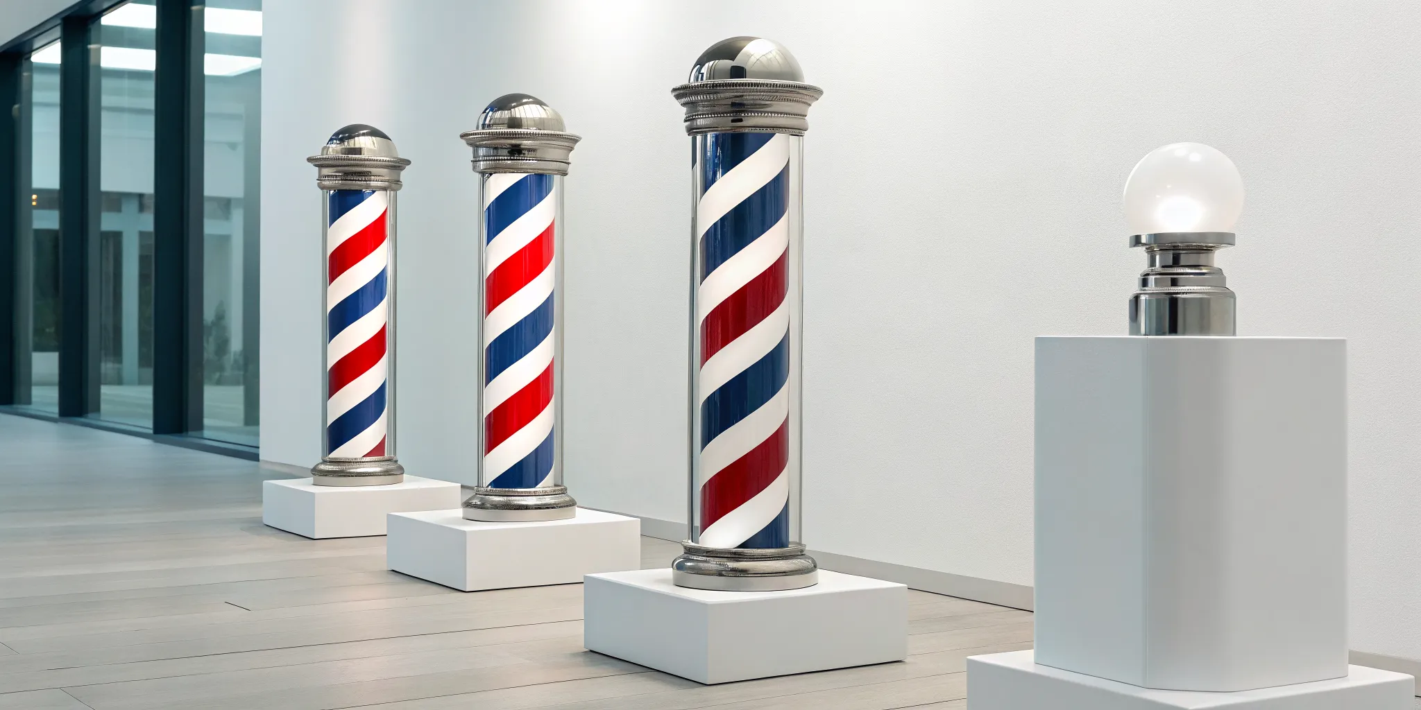 A variety of barber poles displaying styles and features that influence the final price.