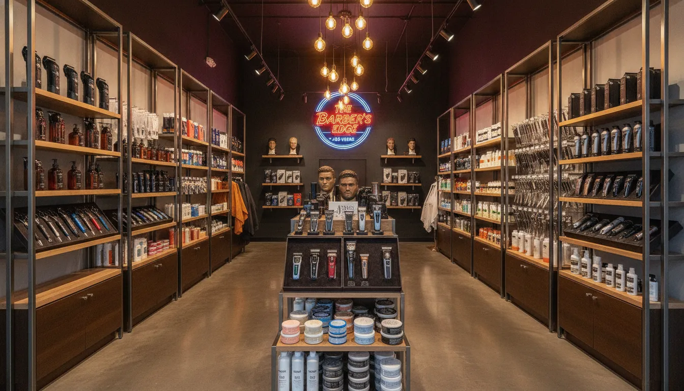 Professional barber supply store interior in Las Vegas with grooming products and tools displayed on shelves