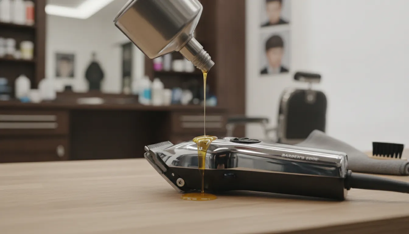 Professional barber clippers being maintained and oiled on a workbench in a barbershop