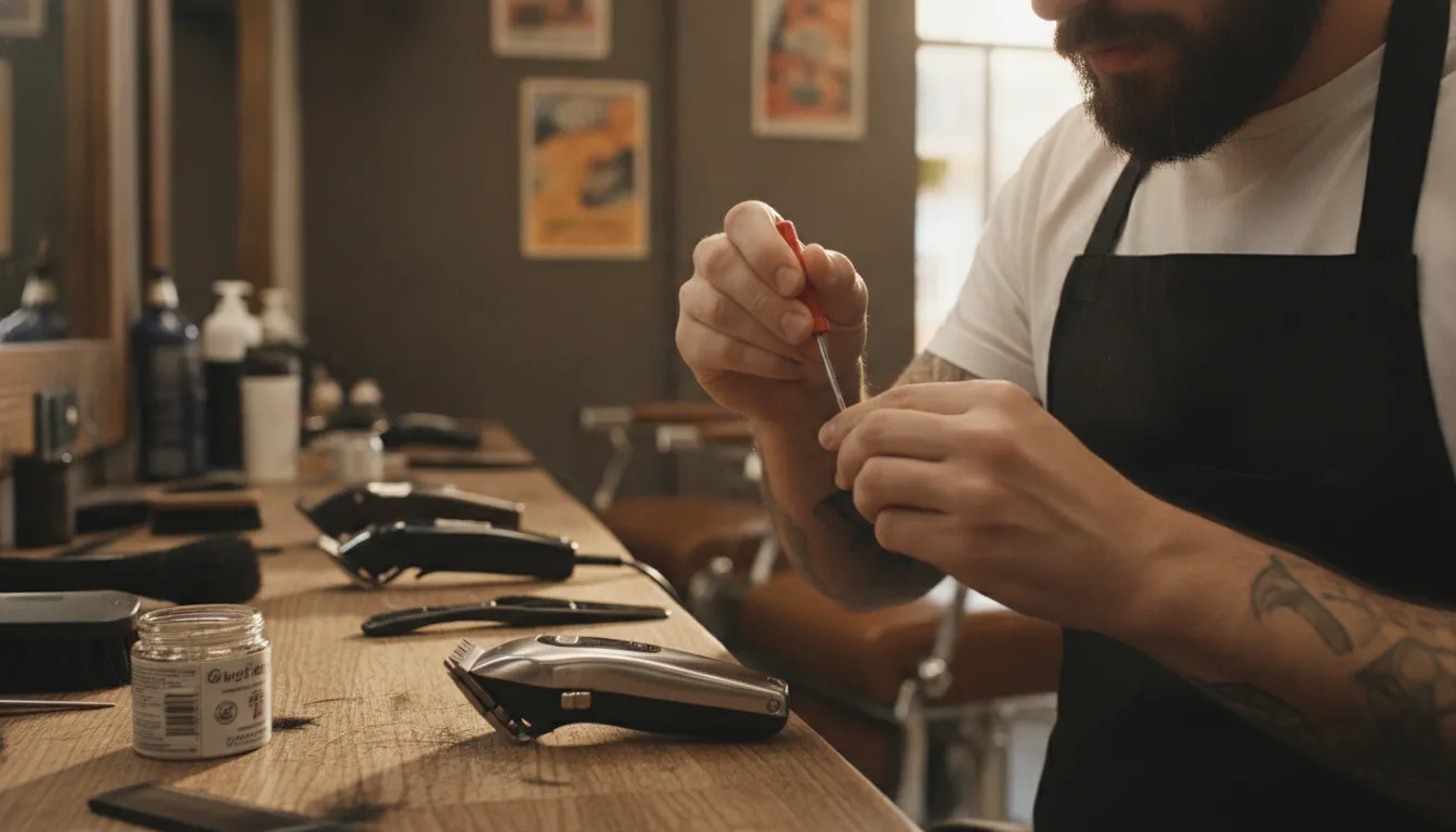Professional barber adjusting clipper blades for zero gapping on a workbench