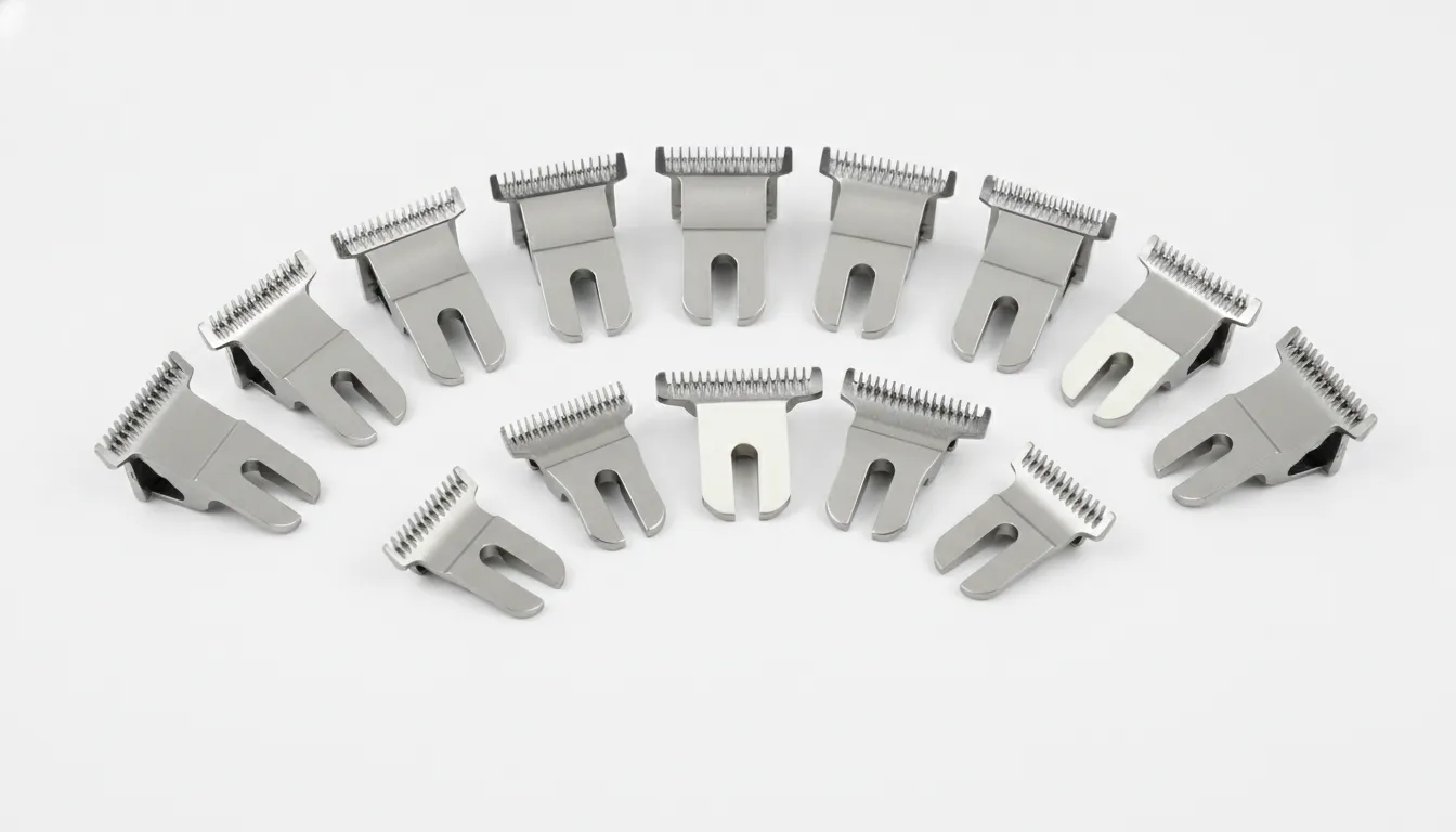 Professional barber clipper blades displayed on a clean white surface