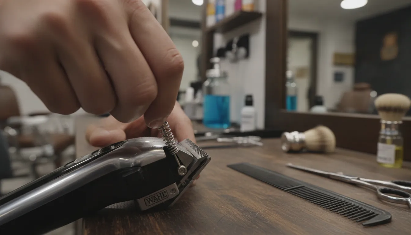 Barber adjusting clipper blade tension screw at workbench