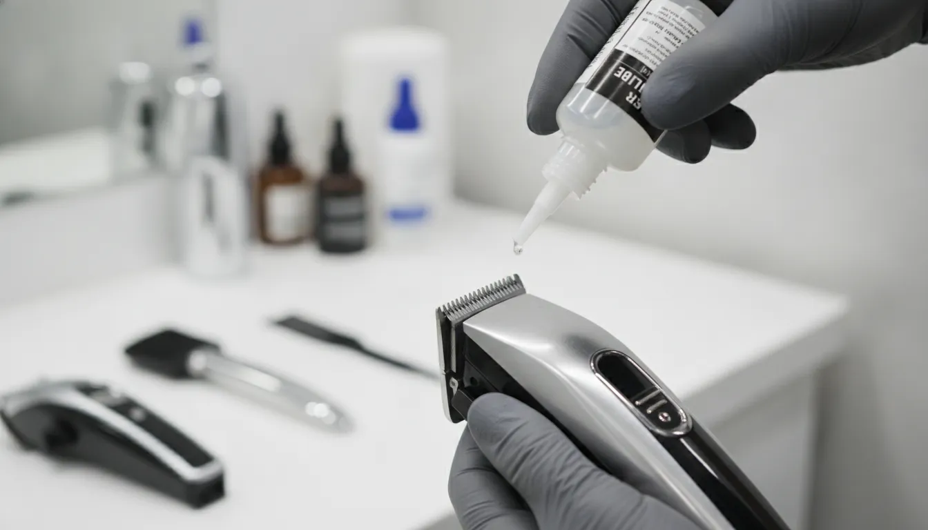 Professional barber applying clipper oil to electric hair clipper blades at Sahara Ave Las Vegas workshop