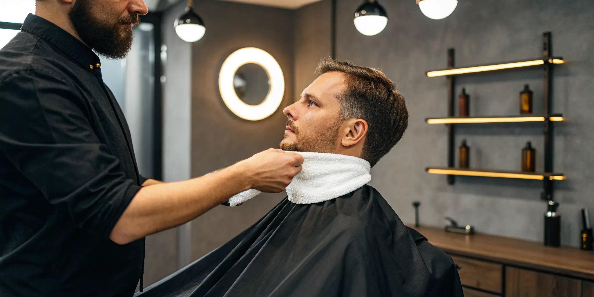 Barber demonstrating how to use a neck strip on a client before a haircut.