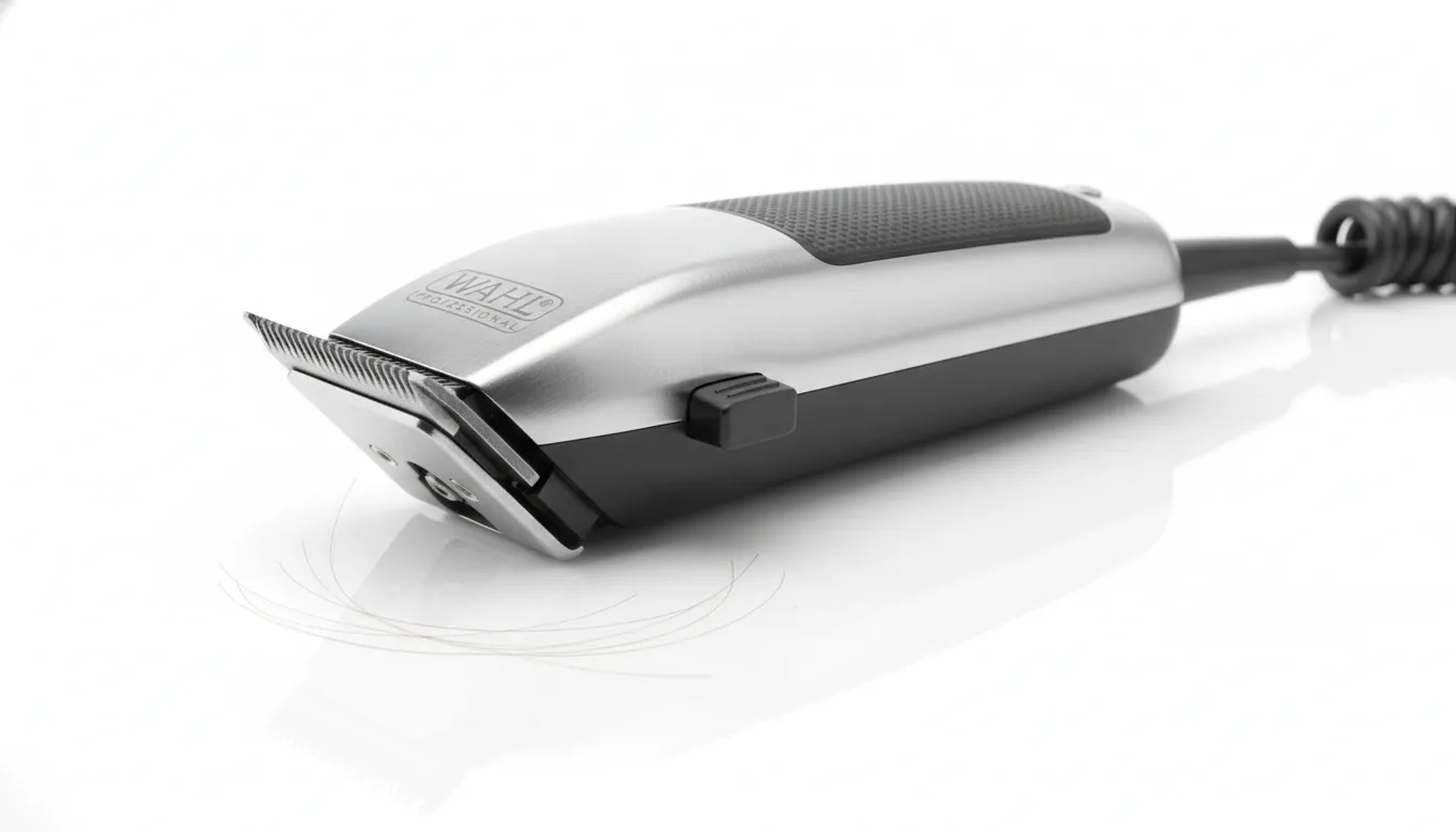 Professional barber clippers on a clean white work surface