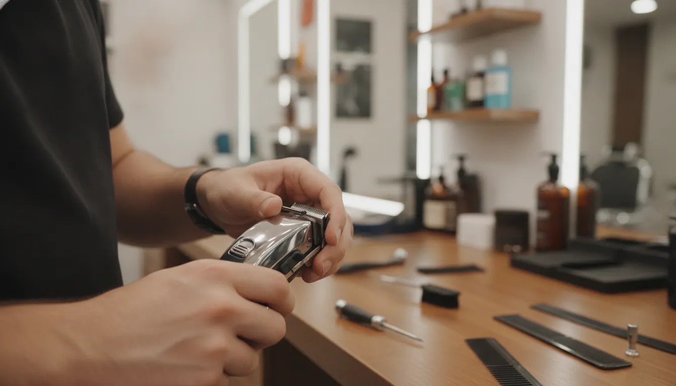 Barber adjusting clipper blades at a clean workspace with precision tools