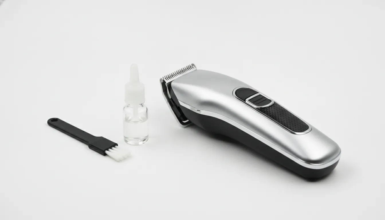 Professional cordless clipper with blade removed beside a detail brush and clipper oil on a clean white surface