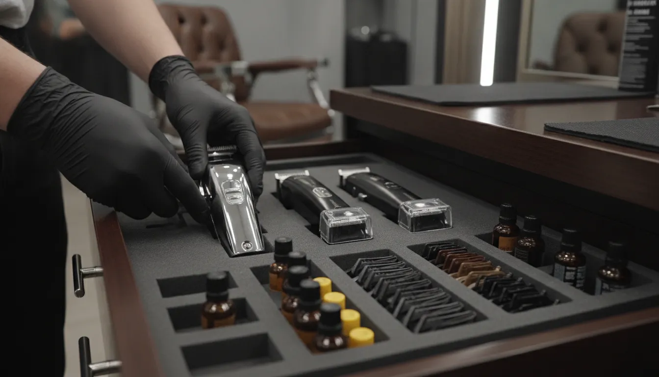 Professional barber tools including clippers and trimmers stored neatly in an organized station drawer