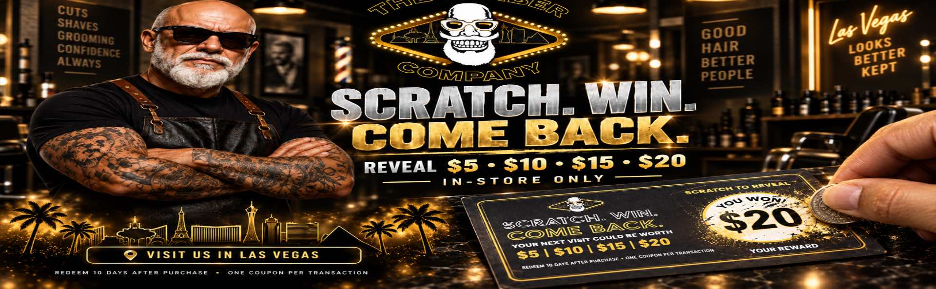 The Barber Company Scratch Win Come Back promotion featuring $5, $10, $15 and $20 in-store rewards with barber character and scratch card.