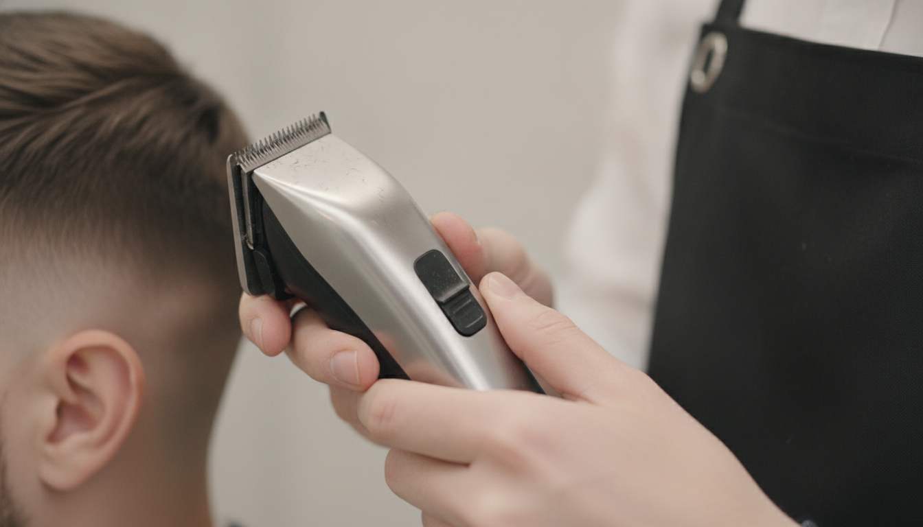 Barber using a cordless clipper during a professional fade workflow