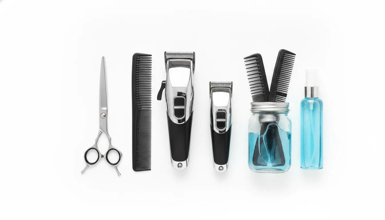 Professional barber clippers, trimmers, shears, combs, and grooming tools arranged on a clean white background