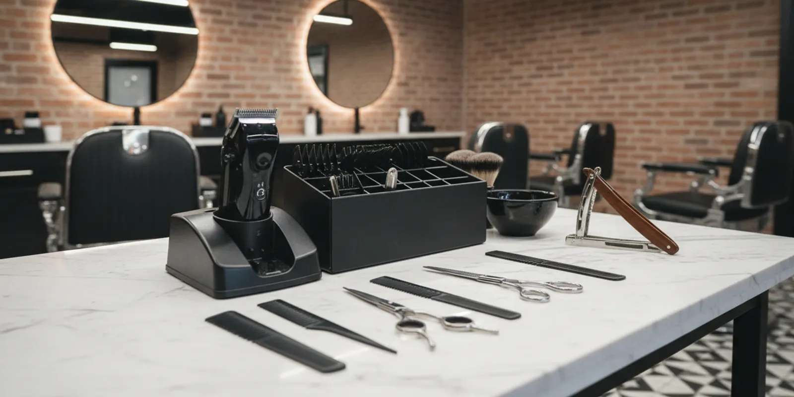 Organized barber station with clippers, combs, and tools arranged for efficient barber station organization