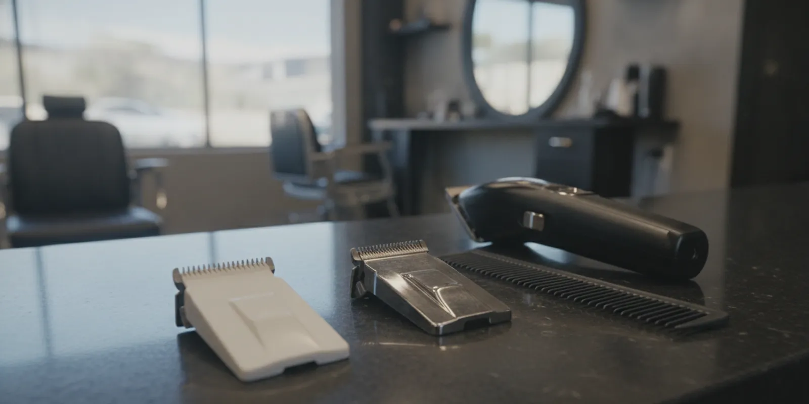 Ceramic and steel clipper blade assemblies beside a professional clipper on a barber workstation