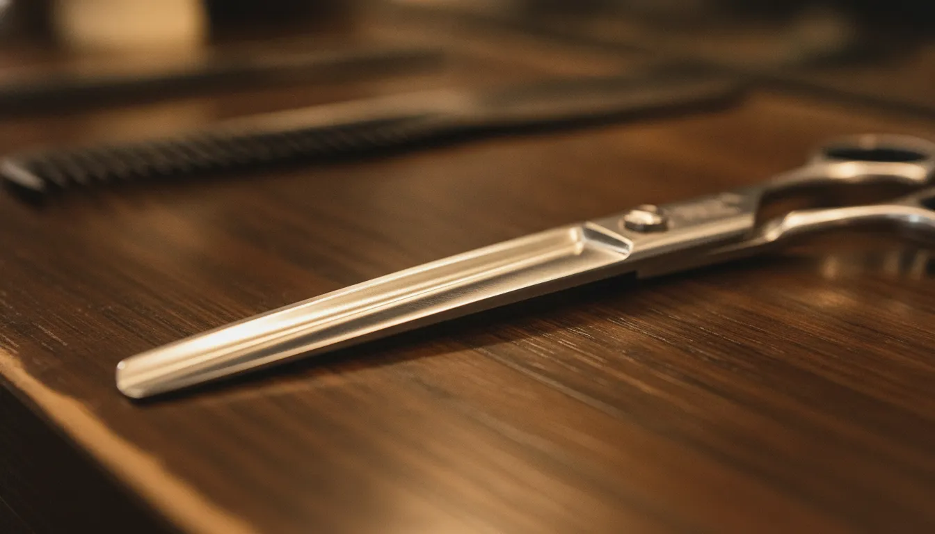 A professional barber shear blade with a soft highlight rolling across the outside face