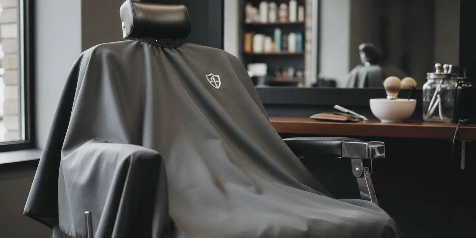 Barber cape with a clean custom emblem displayed at a professional barber station