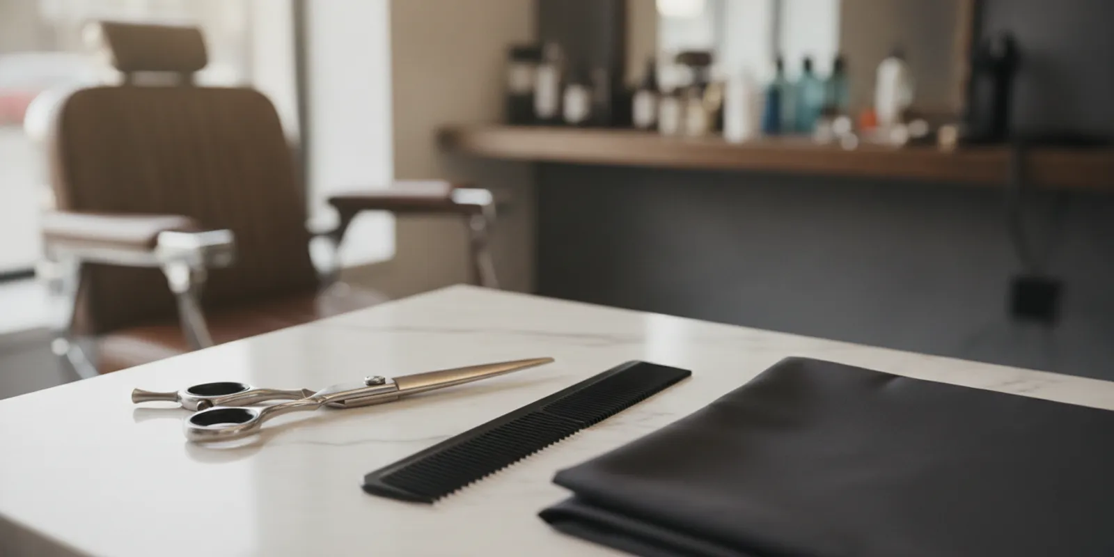 Professional barber shears resting on a clean, organized workstation beside a comb