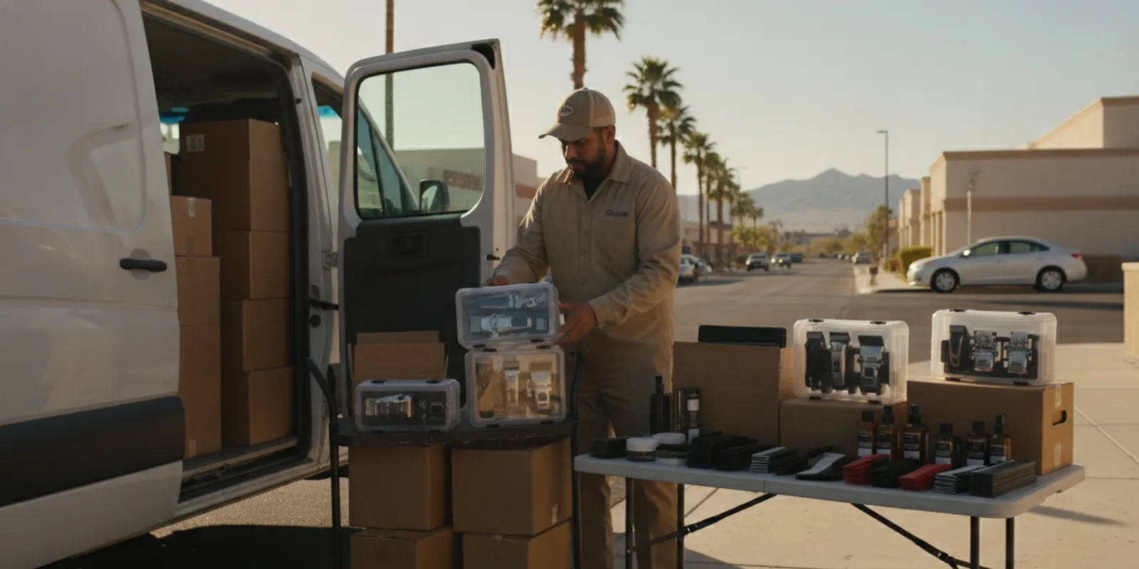 Barber supply delivery vehicle carrying professional clipper and grooming supply orders in Las Vegas